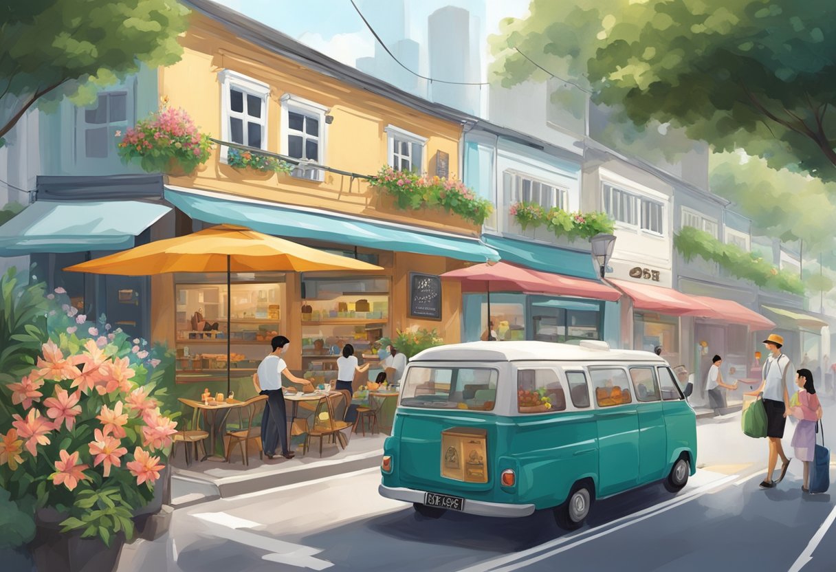 A bustling flower cafe in Singapore, with customers enjoying vibrant blooms and sipping on fragrant teas. A delivery van parked outside, ready to bring joy to more customers