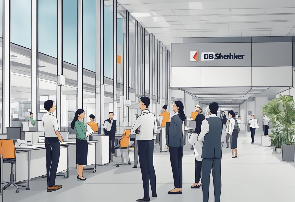 A group of people standing in line at a DB Schenker Singapore office, with a prominent sign labeled "Frequently Asked Questions" displayed