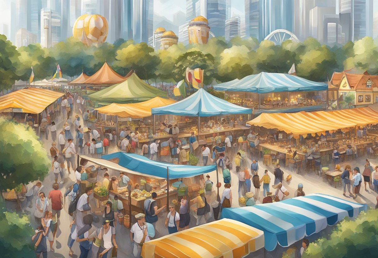 The Oktoberfest venue in Singapore is bustling with colorful tents, lively music, and people enjoying traditional German food and beer. The festive atmosphere is filled with laughter and cheer