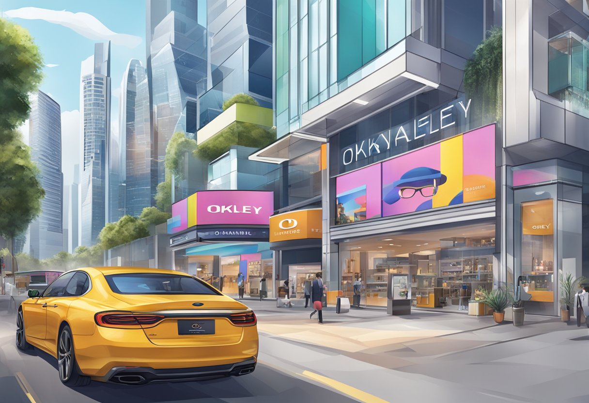 A vibrant cityscape with the iconic Singapore skyline in the background, showcasing a display of customizable Oakley eyewear at a sleek and modern storefront