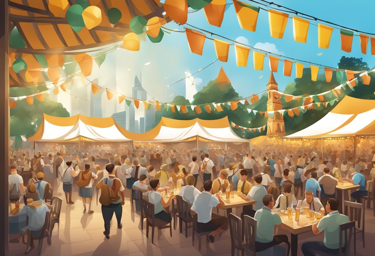 A festive Oktoberfest scene in Singapore with beer tents, traditional Bavarian decorations, and live music