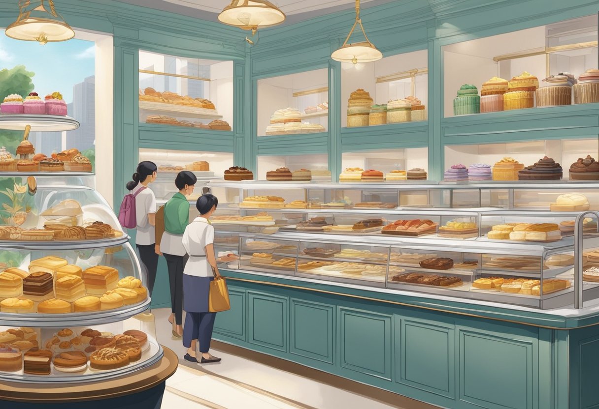 A bustling patisserie in Singapore, filled with colorful pastries and desserts displayed on elegant trays and stands. The aroma of freshly baked goods fills the air, while customers admire the beautiful confections