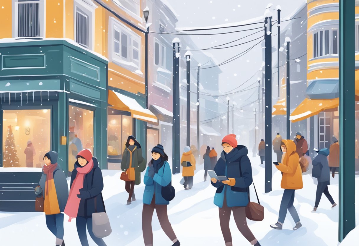 A snowy street in Singapore with people wearing winter clothes, browsing a FAQ page on their phones