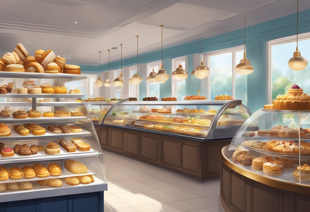 A bustling patisserie in Singapore, filled with colorful displays of delicate pastries and cakes, while the aroma of freshly baked goods fills the air