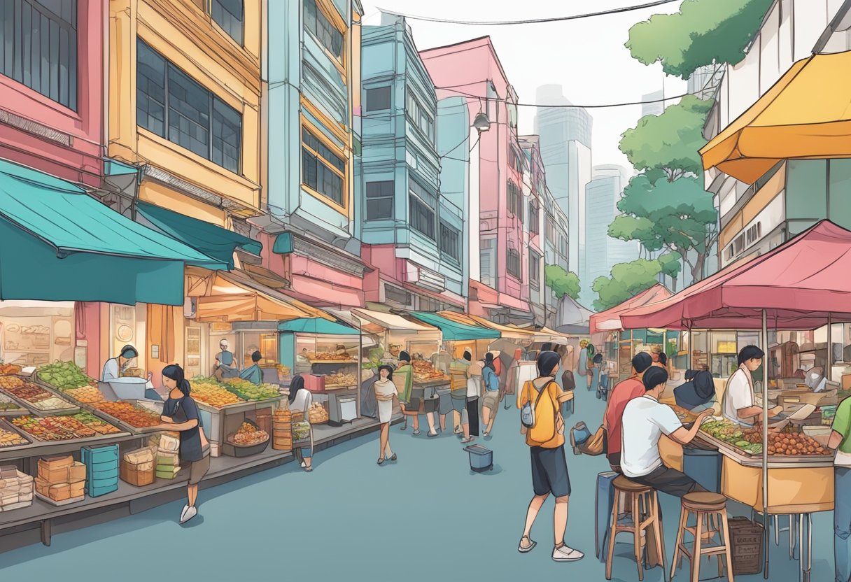 The bustling streets of Omnivore Singapore, with colorful food stalls and diverse cuisines, surrounded by a mix of modern and traditional architecture