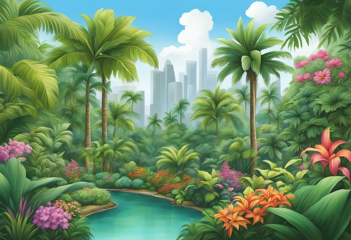 Lush green plants fill a vibrant Singapore garden, with towering palms, exotic flowers, and winding vines creating a tropical paradise