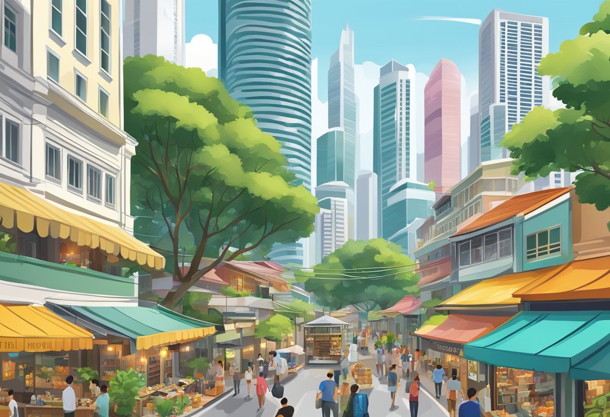 The bustling streets of Singapore, with colorful buildings and bustling markets, surrounded by lush greenery and modern skyscrapers