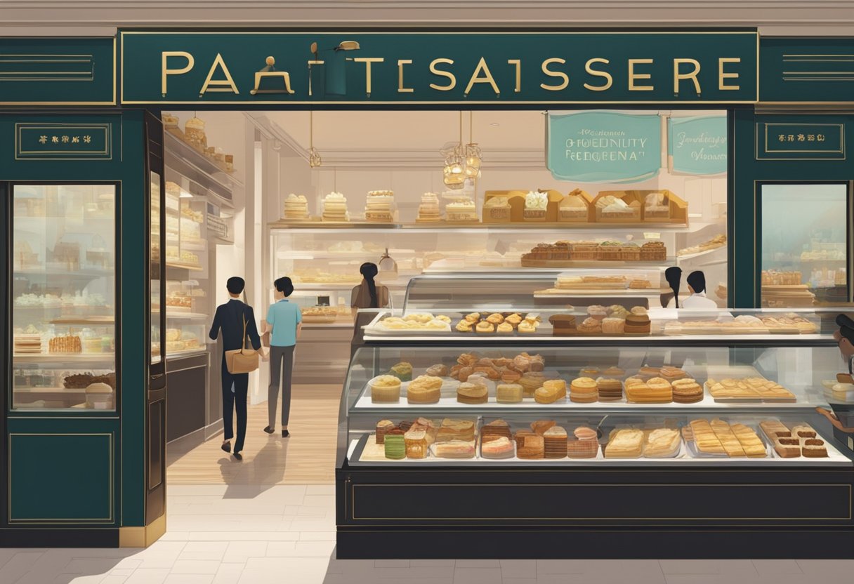 The bustling patisserie in Singapore features a display of delectable treats and a sign with "Frequently Asked Questions" prominently displayed