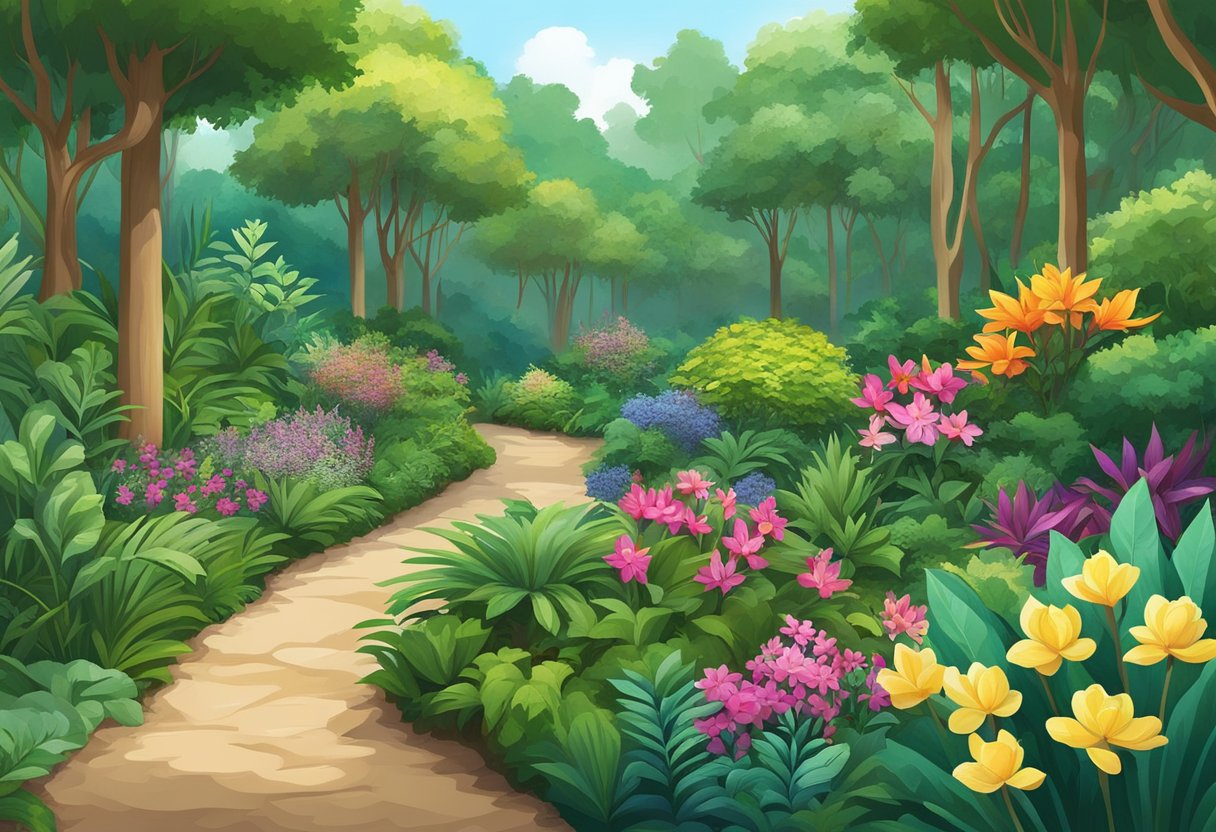 Lush greenery of diverse plant species in Singapore, with vibrant flowers and unique foliage. Trees, shrubs, and ground cover create a rich and varied landscape