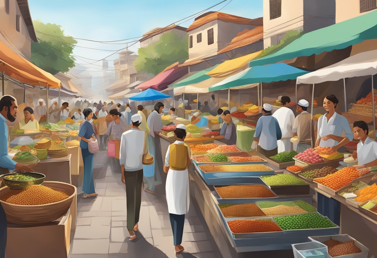 A bustling street market with colorful food stalls, aromatic spices, and diverse cuisines from around the world