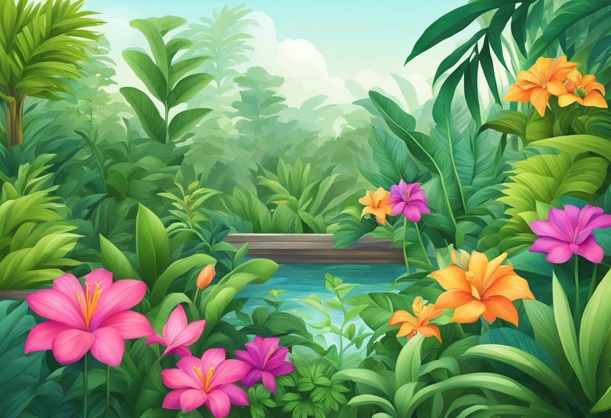 Lush green plants in a Singapore garden, with vibrant flowers and tropical foliage