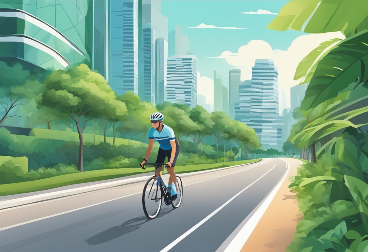 A cyclist rides along a scenic route in Singapore, passing by lush greenery, modern architecture, and bustling city streets