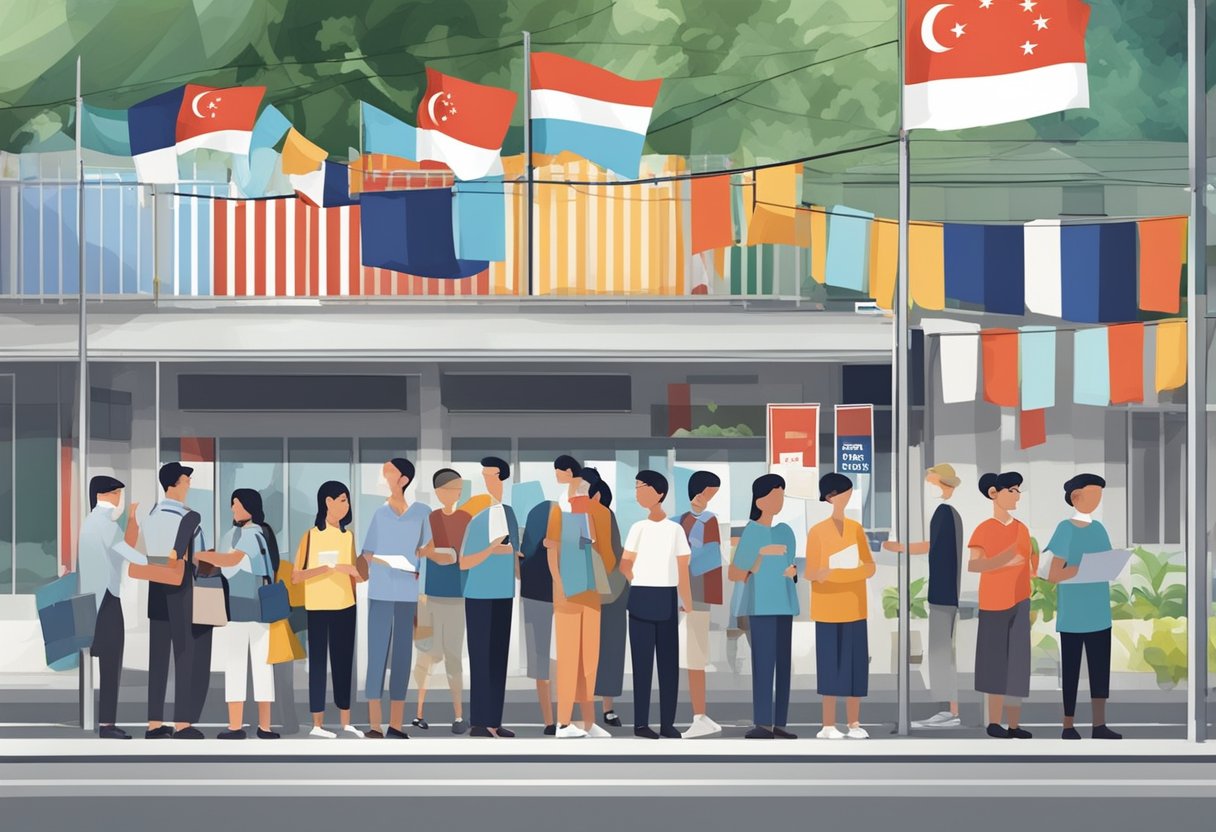 Voters lining up outside polling stations in Singapore for presidential elections. Flags and banners decorate the streets