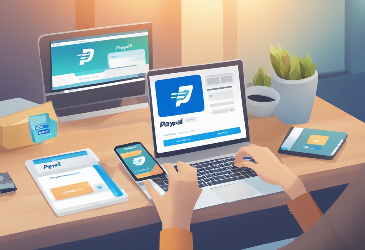 A computer screen displays a PayPal transaction with the PayPal Singapore logo in the background