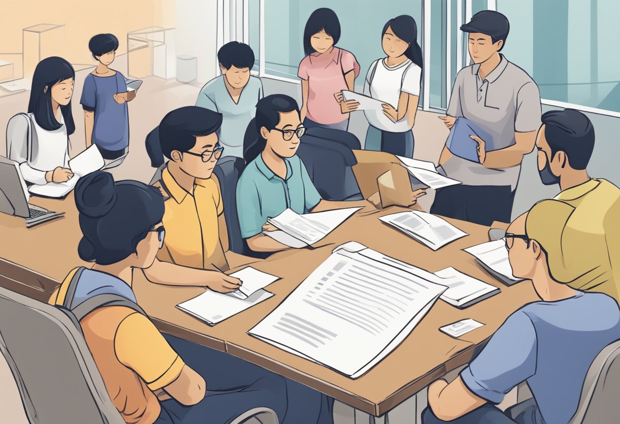 A group of people in Singapore passing around a document titled "Frequently Asked Questions."