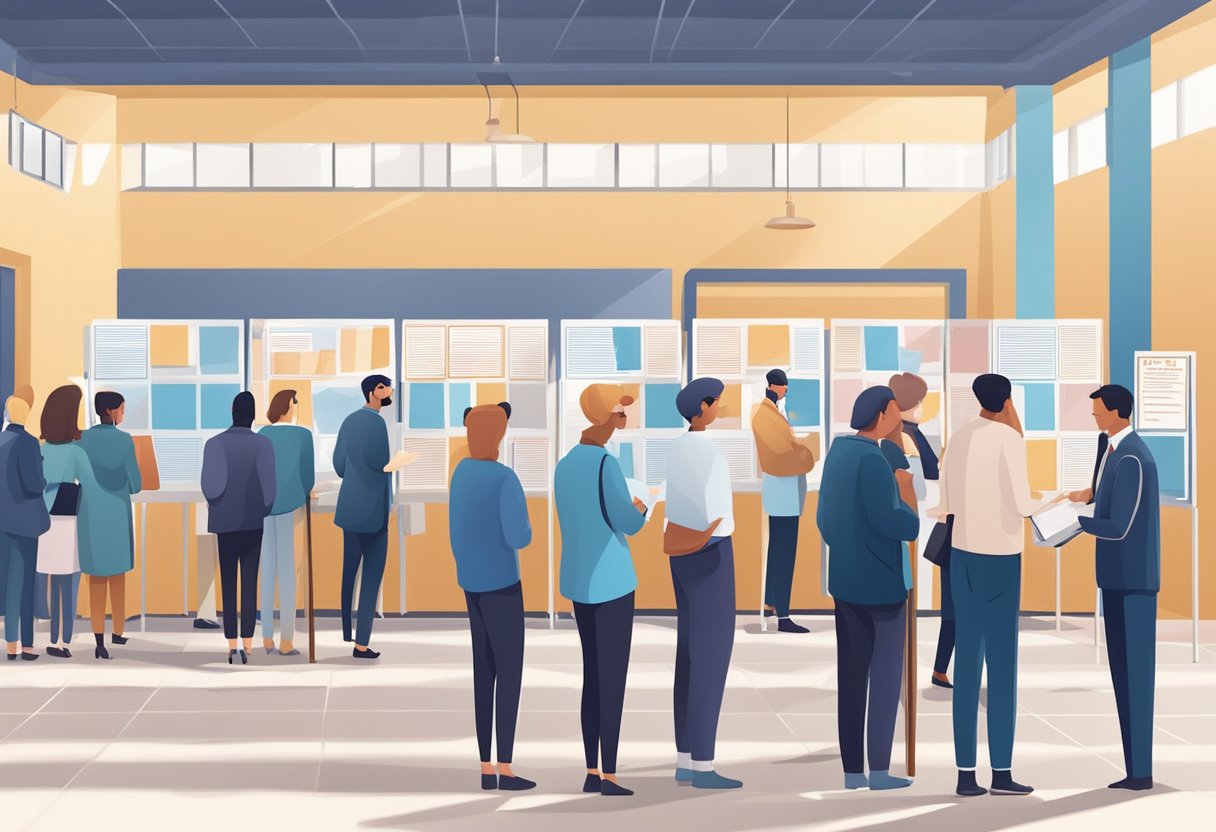 A crowded polling station with people lining up to cast their votes, campaign posters and banners decorating the area, and election officials managing the process