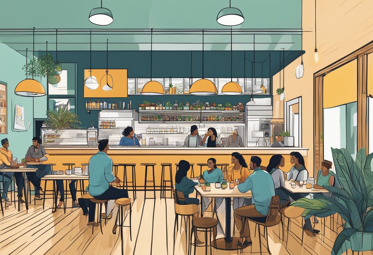 Customers at Omnivore enjoy a vibrant atmosphere with modern decor, friendly staff, and a variety of delicious food and drinks