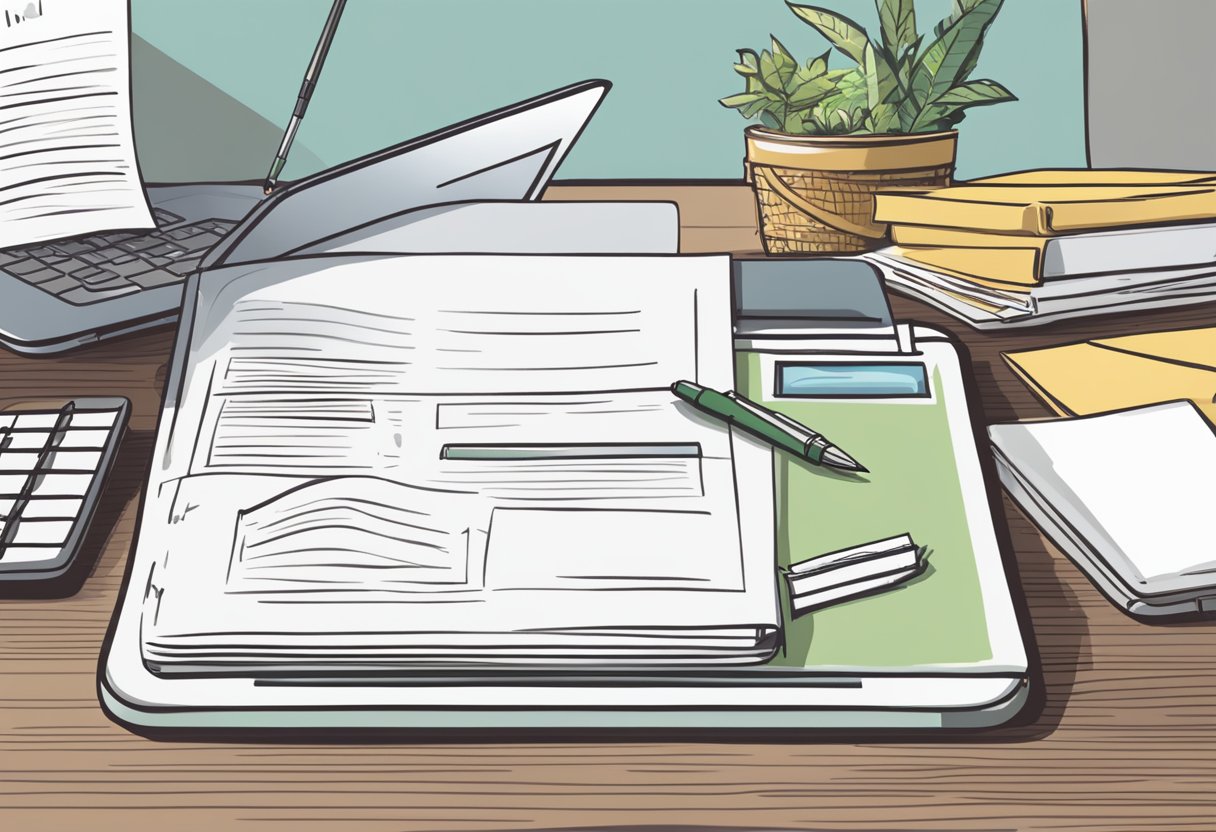 A table with a laptop, a stack of papers, and a pen. A sign with "Frequently Asked Questions omnivore singapore" displayed prominently