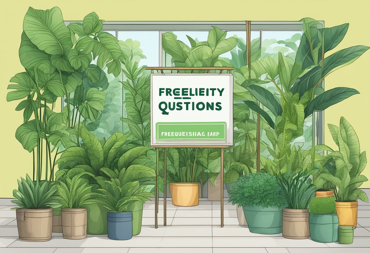 Lush greenery of various plant species in a Singapore garden, with a sign reading "Frequently Asked Questions" in the background