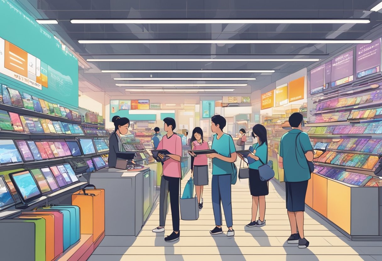An electronic shop in Singapore bustles with customers browsing through rows of gadgets and electronics. Brightly lit displays showcase the latest technology, while staff assist customers with their purchases