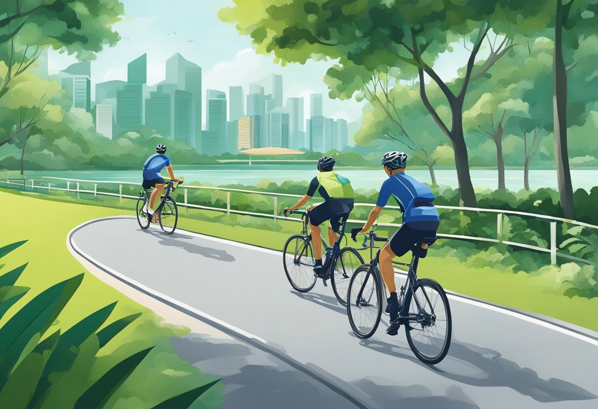 Cyclists ride through lush green parks and along scenic waterfronts in Singapore's cycling routes