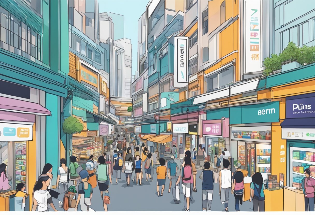 A bustling street lined with modern electronic shops in Singapore. Brightly lit storefronts display the latest gadgets and devices, drawing in crowds of tech-savvy customers