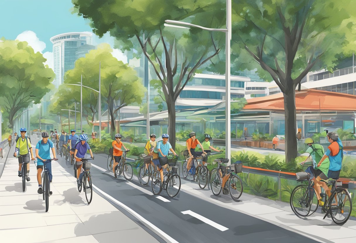 A bustling cycling path in Singapore with bike racks, repair stations, and directional signs for various routes