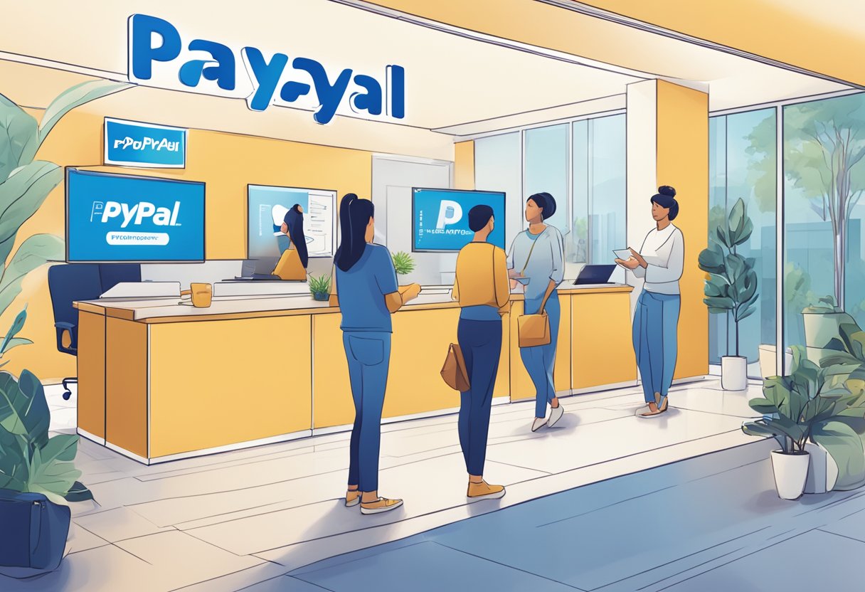 PayPal Singapore office with a sign "Frequently Asked Questions" and people seeking assistance