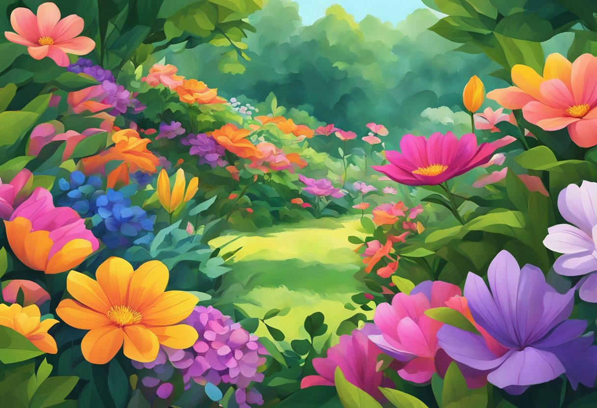 Vibrant flowers bloom in a lush garden in Singapore. The colorful petals stand out against the green foliage, creating a stunning display of natural beauty