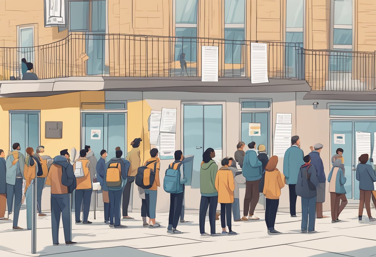 A crowded polling station with people casting ballots, election banners, and campaign posters lining the streets