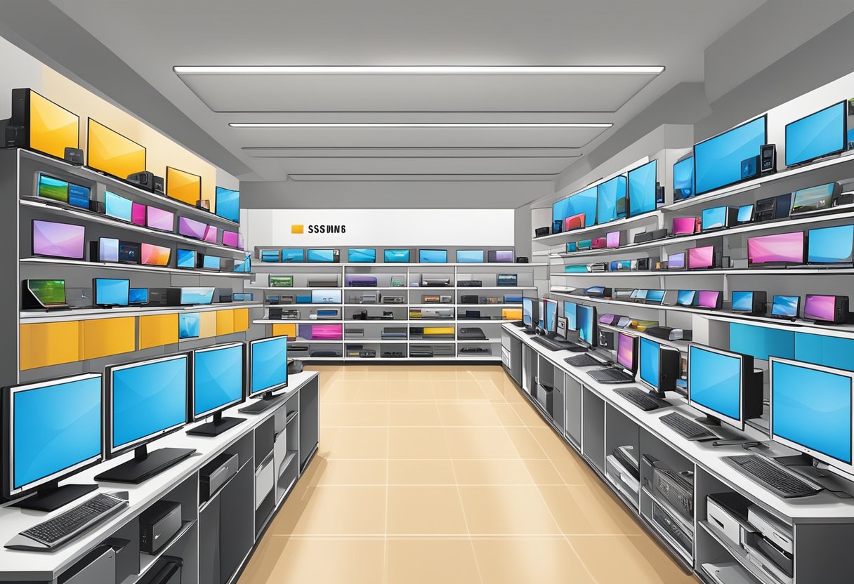 Various electronics displayed on shelves: Samsung TVs, Apple iPhones, Sony cameras, and Dell laptops in a bright and modern electronic shop in Singapore