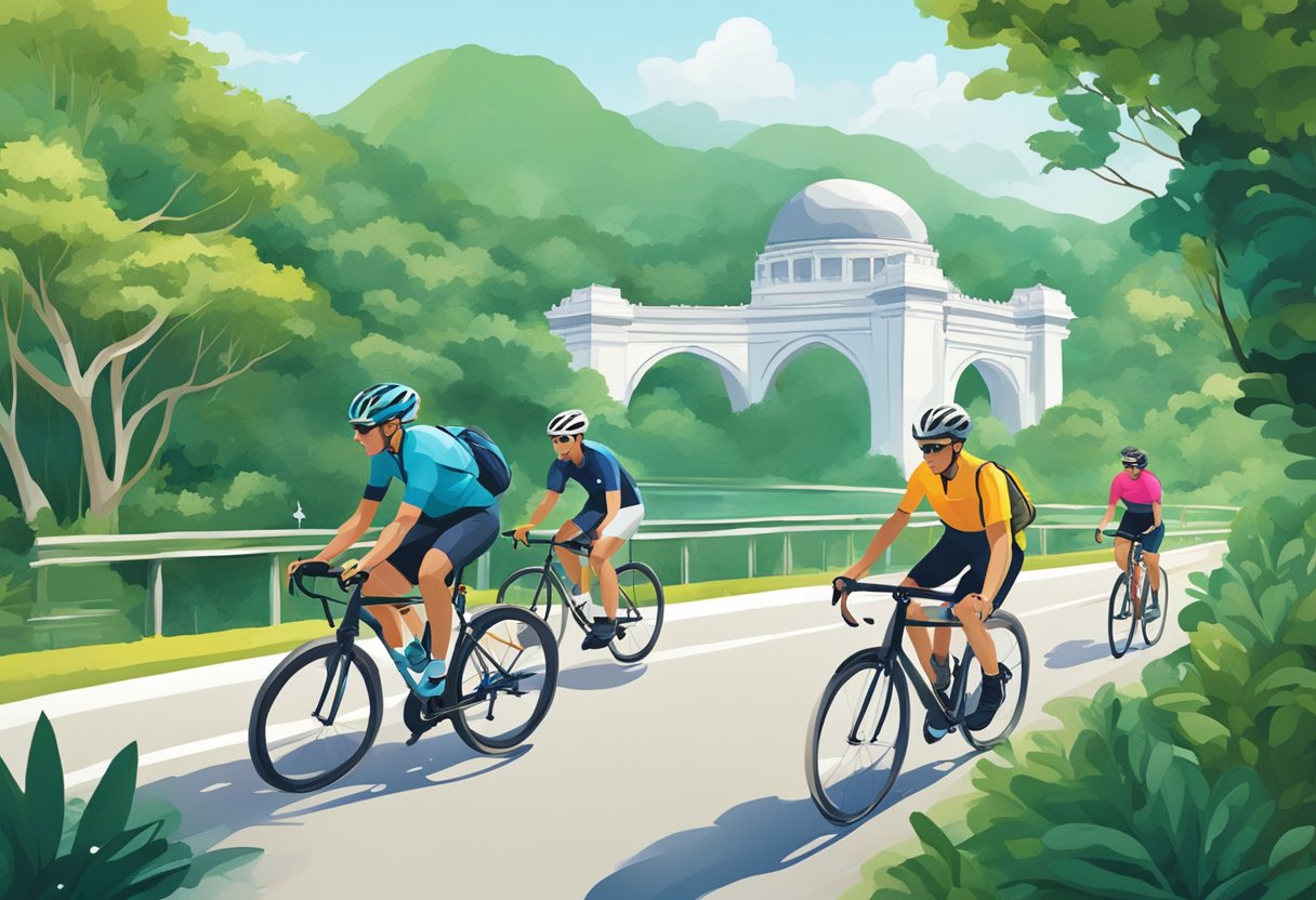 Cyclists navigating through scenic routes in Singapore, passing by iconic landmarks and lush greenery