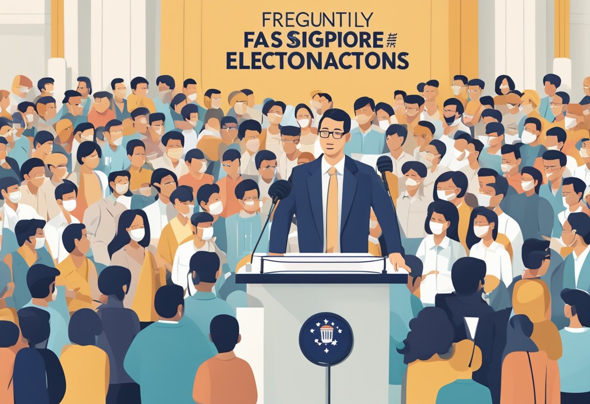 A podium with a microphone surrounded by a crowd, with a large banner reading "Frequently Asked Questions presidential elections in Singapore" displayed prominently