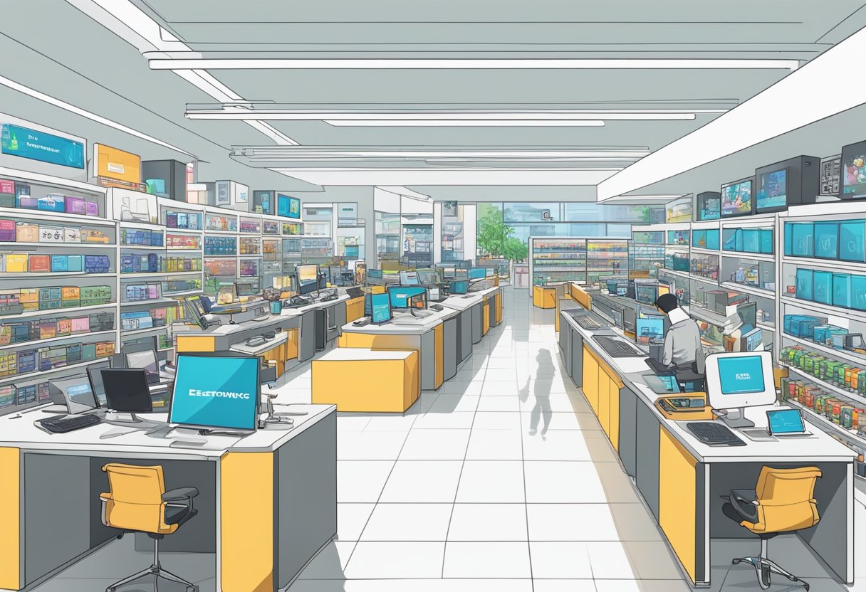 The electronic shop in Singapore is bustling with customers, browsing through rows of gadgets and electronics. The bright, modern interior is filled with the latest technology and displays of frequently asked questions for customers to easily access