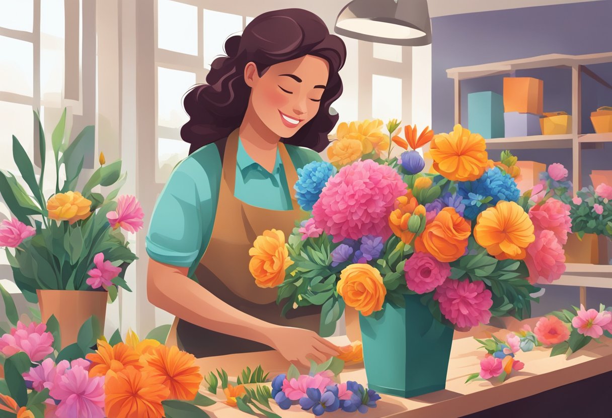 A florist carefully selects vibrant blooms from a colorful array, arranging them into a stunning bouquet