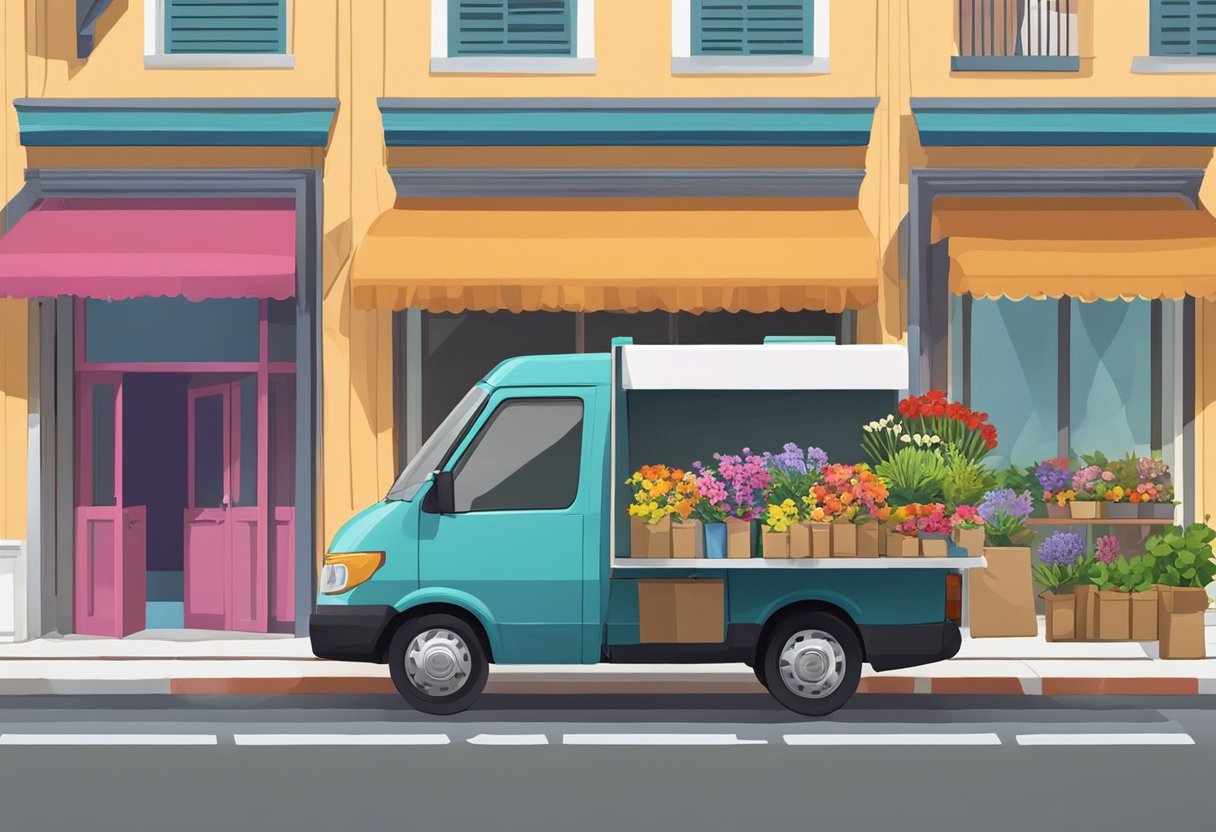 A delivery van pulls up to a colorful storefront in Singapore. A delivery person unloads a variety of fresh, vibrant flowers, ready to be arranged and sent to customers across the city