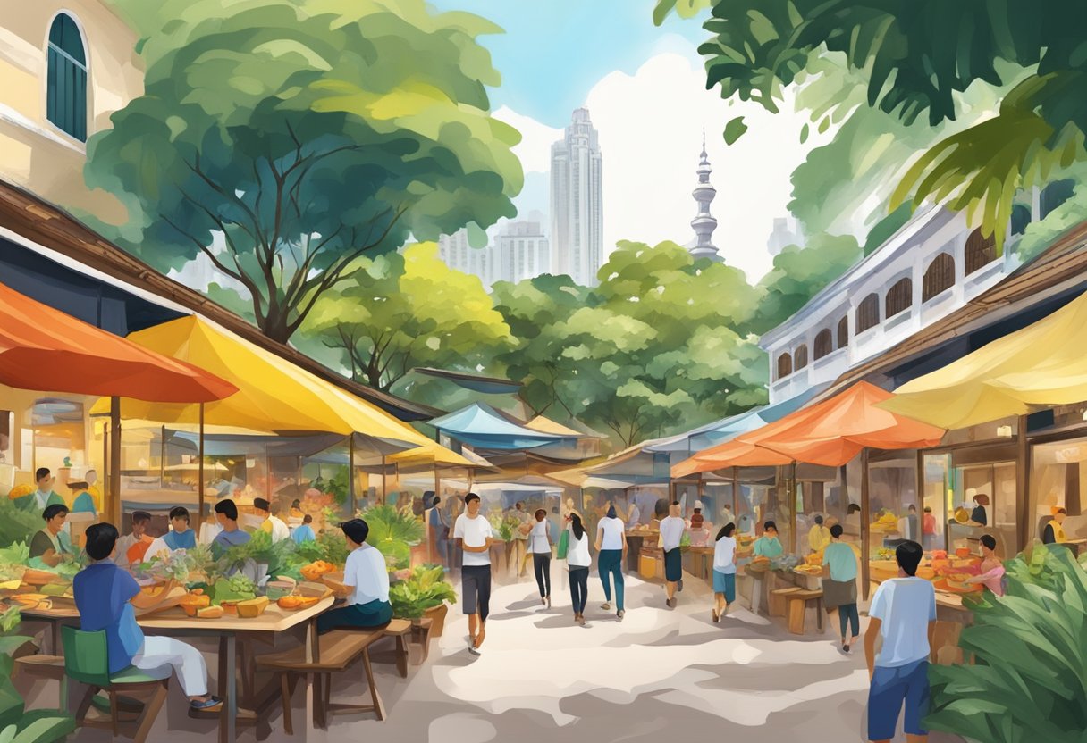 A bustling hawker center with colorful food stalls, a serene botanical garden with exotic plants, and a vibrant street art scene in the historic Kampong Glam district