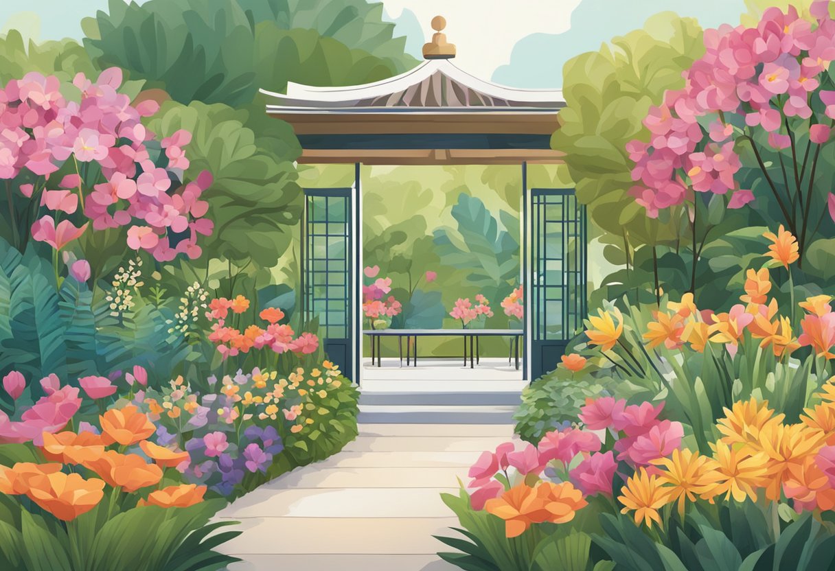 Colorful flowers arranged in a Singaporean garden. A sign reads "Frequently Asked Questions" in the background