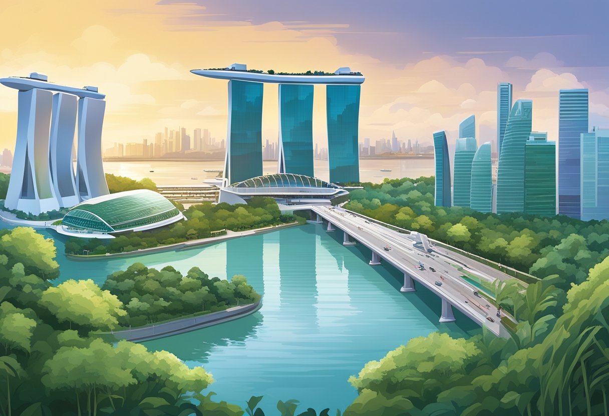 A panoramic view of Singapore's skyline, with the iconic Marina Bay Sands, Gardens by the Bay, and the Merlion statue, set against a backdrop of lush greenery and modern architecture