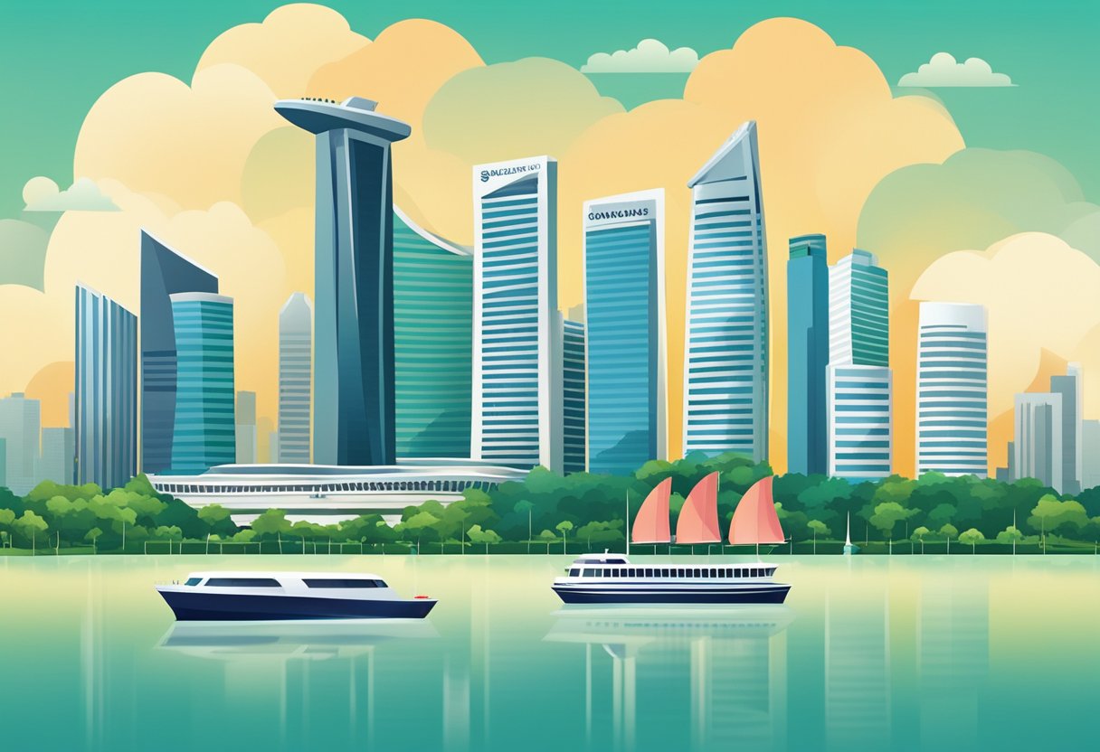 The iconic skyline of Singapore, with its towering skyscrapers and the stunning Marina Bay Sands, is set against a backdrop of lush greenery and a vibrant cityscape
