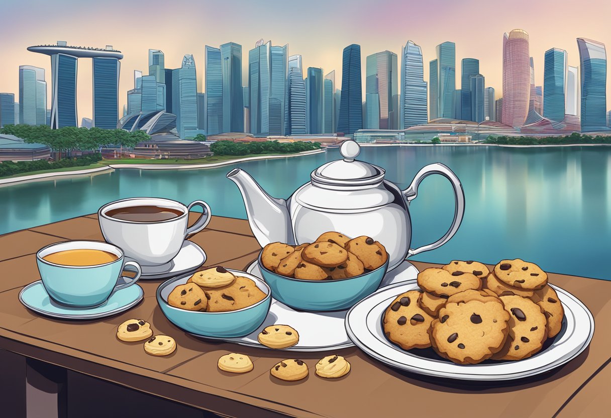 A table with a plate of assorted cookies, a cup of tea, and a Singapore cityscape in the background