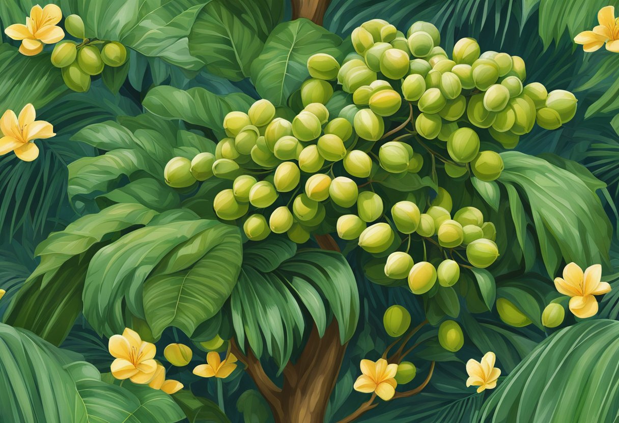 A lush candlenut tree stands tall in a vibrant Singaporean garden, its branches heavy with clusters of round, smooth nuts