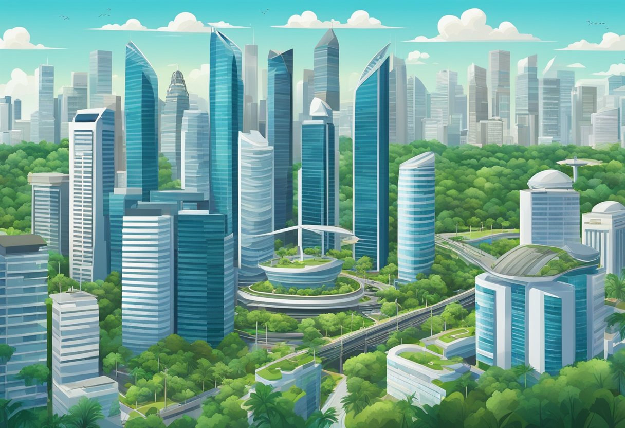 A bustling cityscape with skyscrapers and antennas against a backdrop of blue skies and lush greenery in the Republic of Singapore