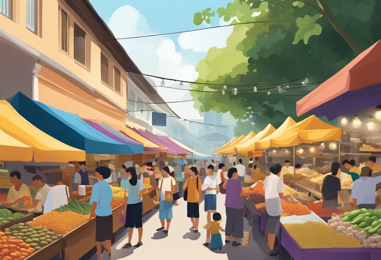 A bustling outdoor market in Singapore, with vendors selling candlenut products and visitors exploring the vibrant atmosphere