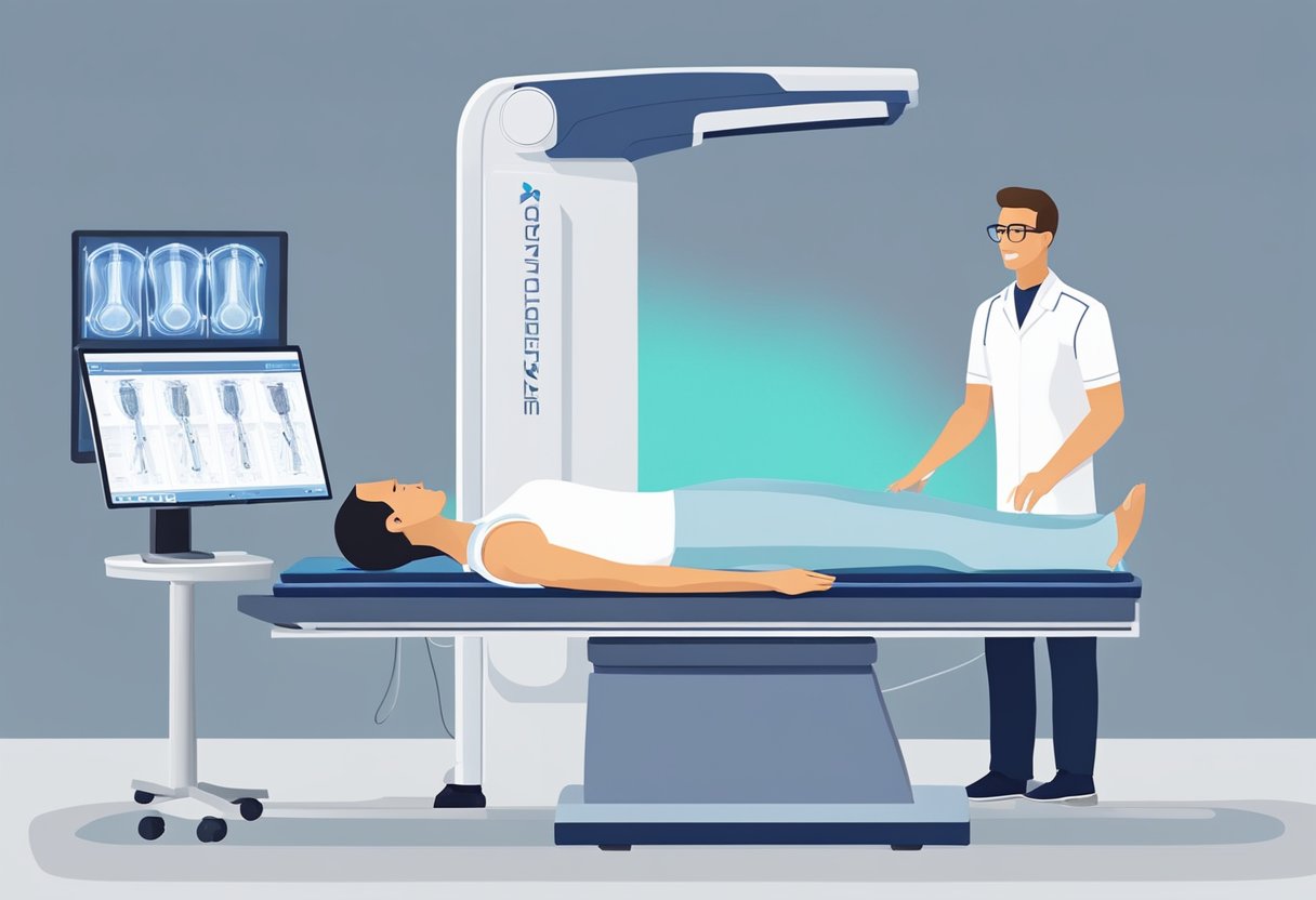 A technician positions a patient on a DEXA scanning table. The machine emits low-dose X-rays to measure bone density and body composition