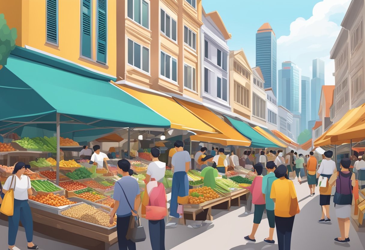A bustling market with diverse consumer products and vibrant cityscape backdrop in Singapore