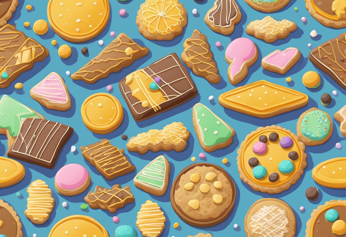 A table filled with an array of cookies in different shapes, sizes, and flavors, neatly arranged on colorful plates with decorative garnishes