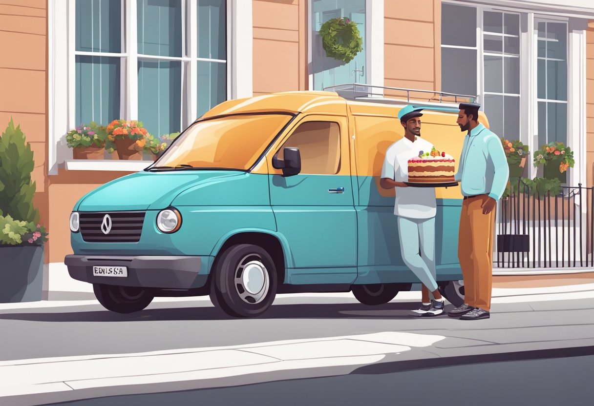 A delivery van parked outside a house, with a driver handing a beautifully decorated cake to a smiling customer at the doorstep