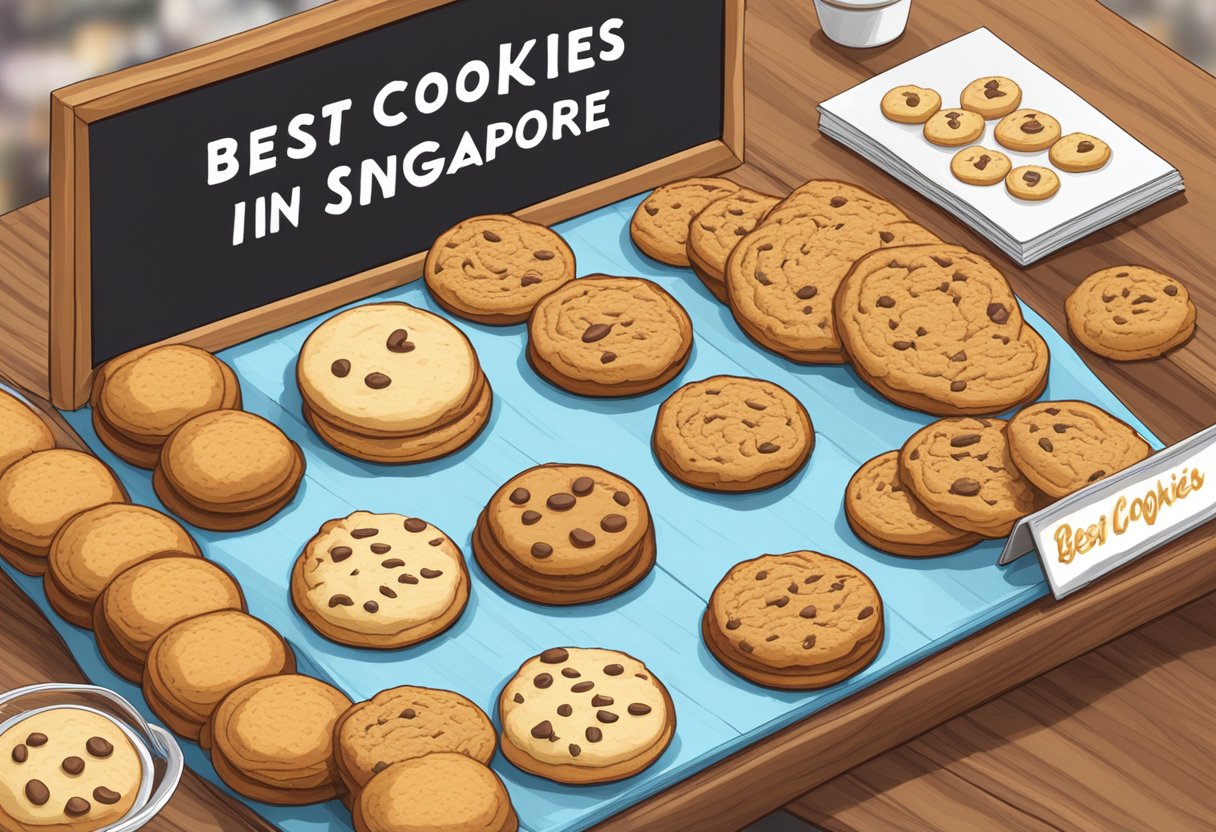 A display of various cookies arranged neatly on a wooden table, with a sign reading "Best Cookies in Singapore" above them