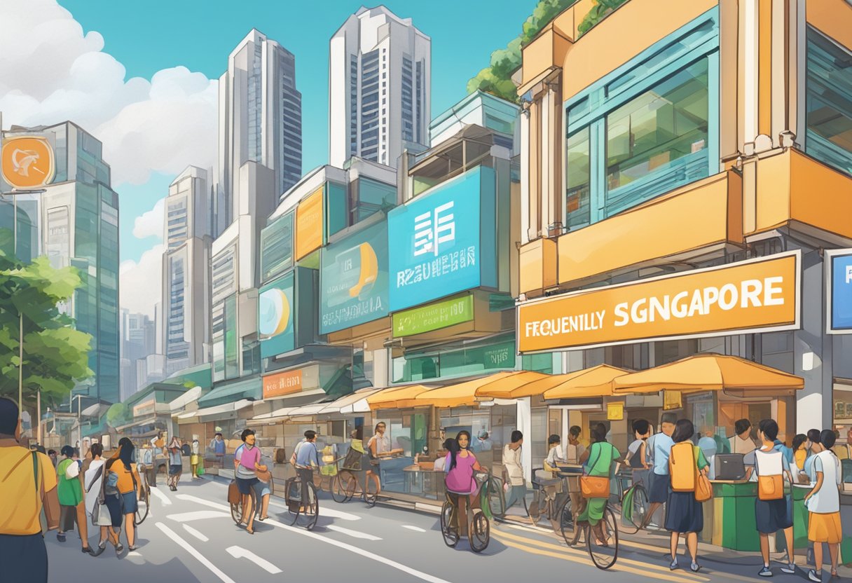A bustling street in Singapore, with a sign reading "Frequently Asked Questions Republic of Singapore" above a vibrant information center